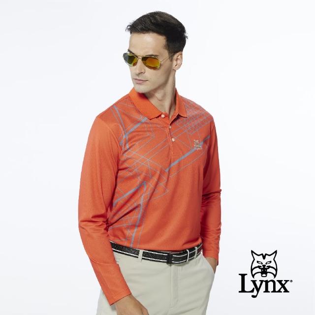 【Lynx Golf】男款吸濕排汗網眼材質線條設計山貓繡花長袖POLO衫(橘色)