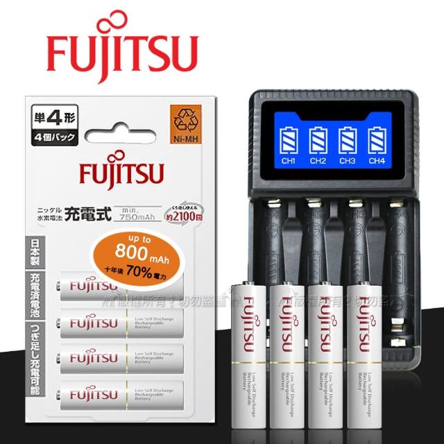 【FUJITSU 富士通】低自放電4號750mAh充電電池組(4號4入+四槽USB充電器+送電池盒)