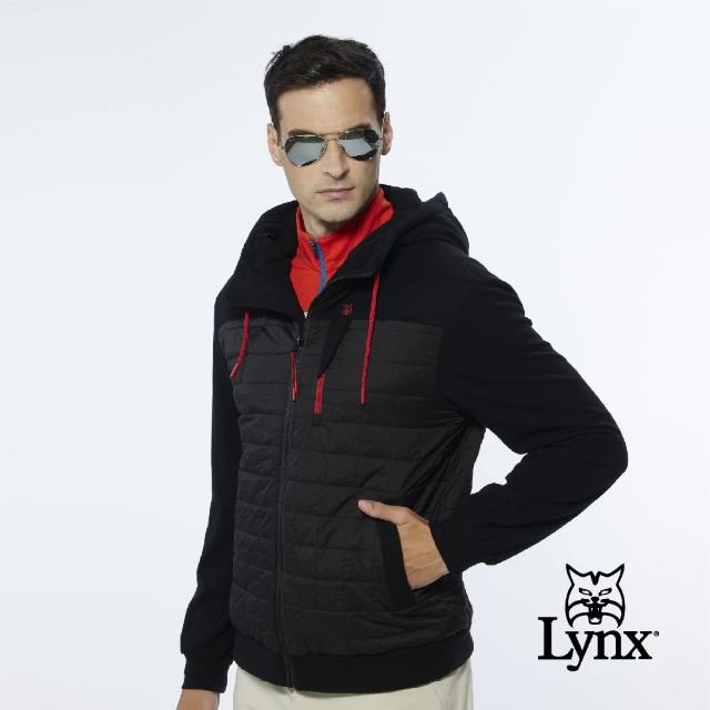 【Lynx Golf】男款保暖防風鋪棉格紋剪接胸袋款長袖連帽外套(黑色)