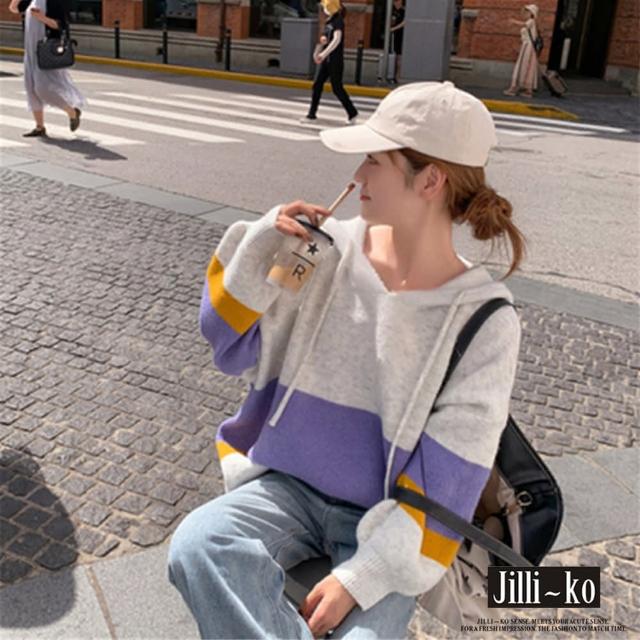 【JILLI-KO】拚色寬鬆連帽運動衫-F(紫/藍)