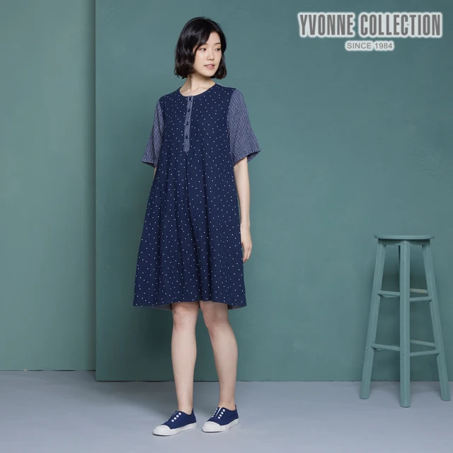 【Yvonne Collection】棉麻點點細條半開襟五分袖洋裝(丈青藍)