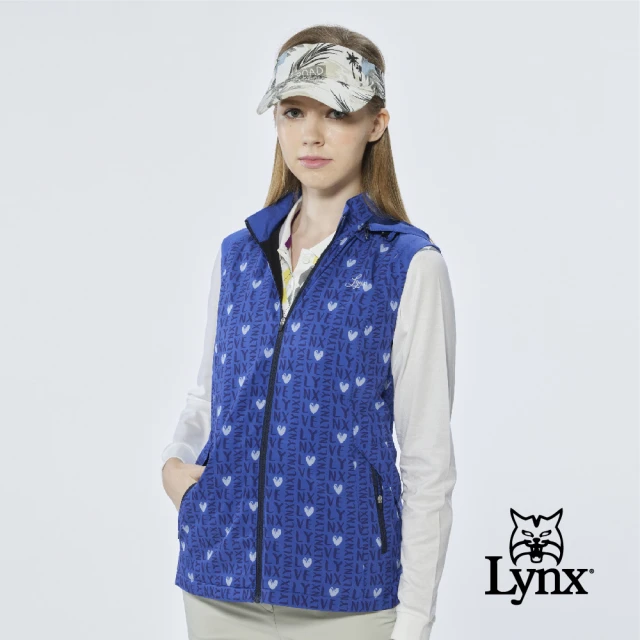 Lynx Golf【Lynx Golf】女款防風防潑水風衣布材質Lynx字樣愛心印花無袖背心(深藍色)