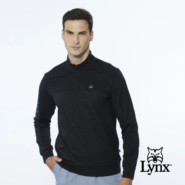 Lynx Golf【Lynx Golf】男款網眼材質內刷毛菱格壓紋樣右臂Lynx字樣造型長袖立領POLO衫(黑色)