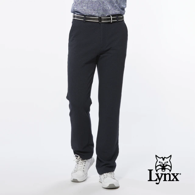 Lynx Golf【Lynx Golf】男款日本進口布料口袋剪接造型織帶設計平口基本版休閒長褲(深藍色)