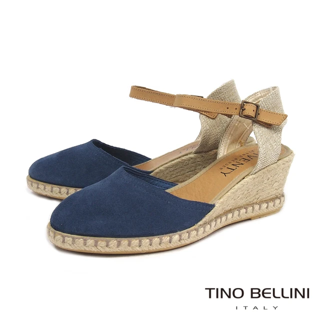 【TINO BELLINI 貝里尼】西班牙進口簡約純色繫踝麻編楔型涼鞋FS5V0001(藍)