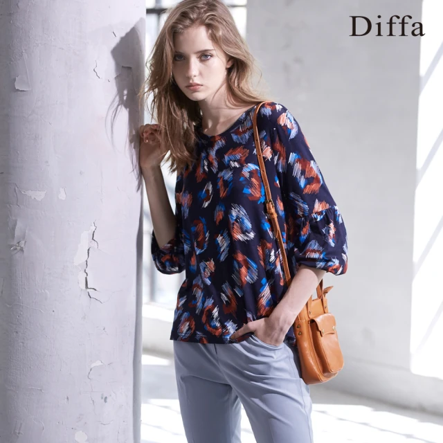 Diffa【Diffa】手繪撞色線條印花針織上衣-女