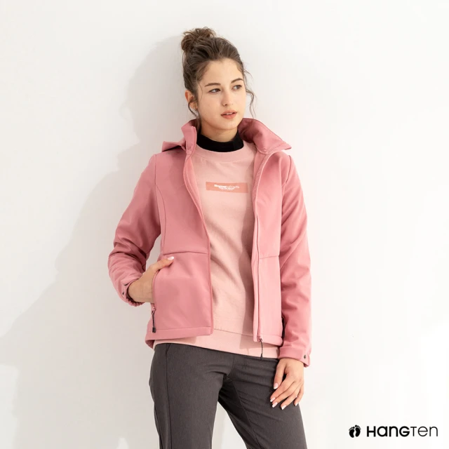 【Hang Ten】女裝-恆溫多功能-貼合刷毛防輕潑水可拆帽軟殼外套(粉紅色)