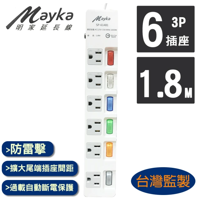 【Mayka明家】6開6插家用延長線 1.8M/6呎(SP-61481-6)