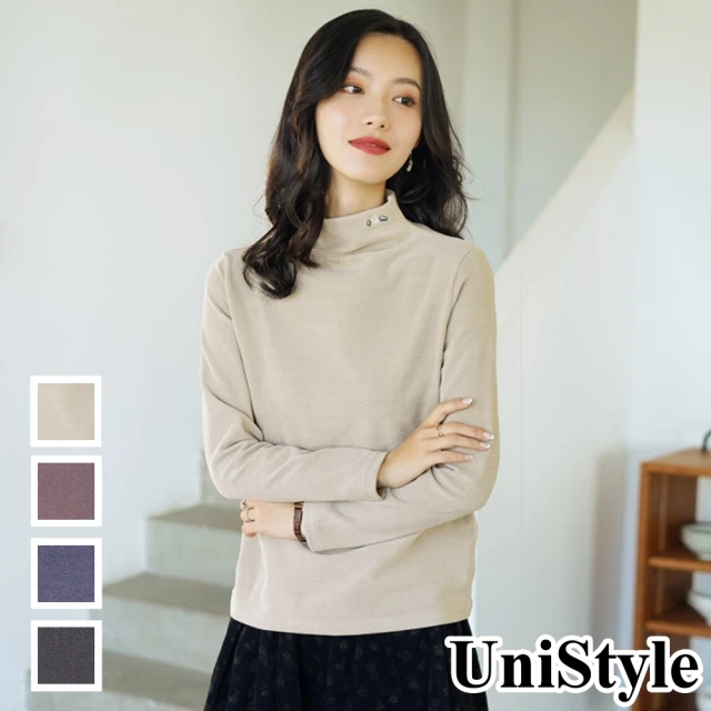 【UniStyle】原創設計師款 純色保暖加厚刺繡高領長袖上衣T恤 女 FA5553(卡其/牛仔藍/黑灰/豆沙紅)