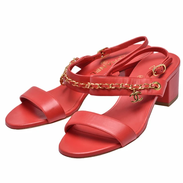 【CHANEL 香奈兒】經典鎖鍊裝飾露趾低跟涼鞋(紅色-展示品G33719-RED)