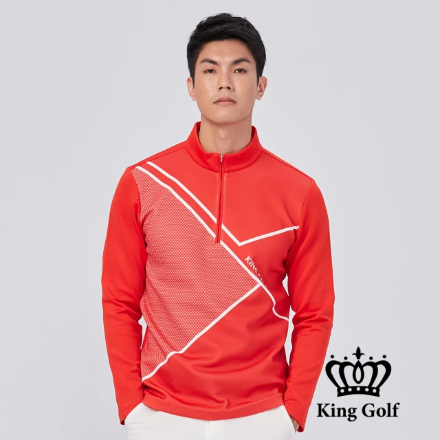 KING GOLF【KING GOLF】速達-菱形印圖小立領拉鍊厚款長袖POLO衫(紅色)