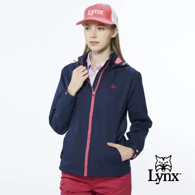 Lynx Golf【Lynx Golf】女款防水透濕功能打洞Lynx Golf字樣袋蓋設計長袖可拆式連帽外套(深藍色)