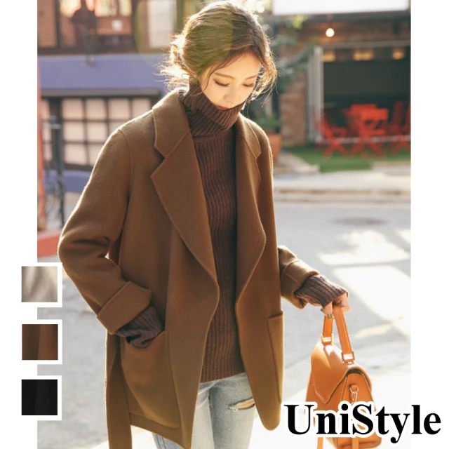 UniStyle【UniStyle】雙11 韓版西裝領系帶寬鬆顯瘦雙面羊絨長袖外套 女 CJW977(焦糖雙面呢/米白雙面呢/黑色雙面呢)