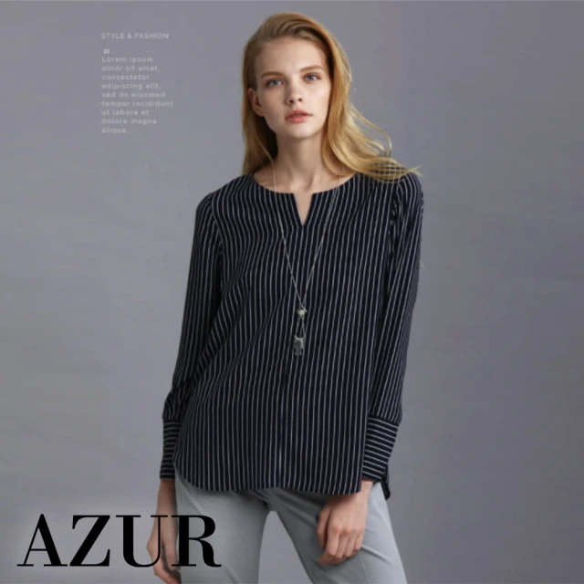 【AZUR】直條紋造型小V領雪紡上衣-2色