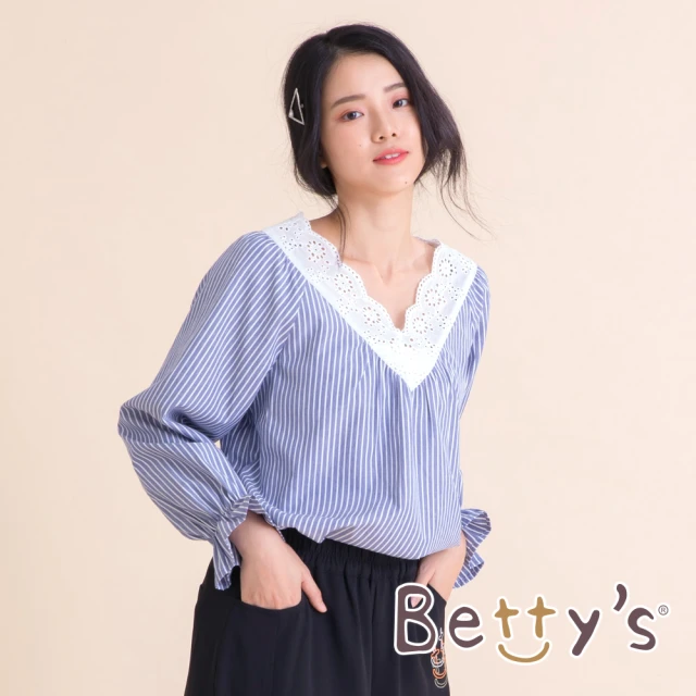 【betty’s 貝蒂思】條紋V領蕾絲拼接上衣(淺藍)