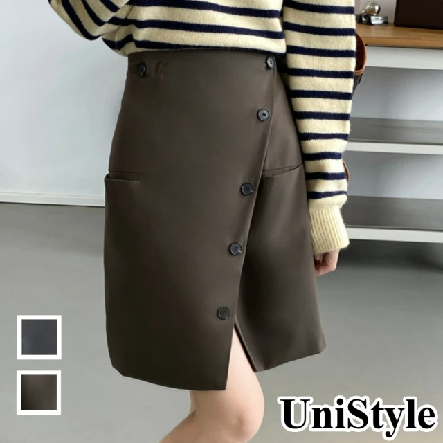 UniStyle【UniStyle】韓版設計感一片式高腰可調節西裝料A字短裙 女 WT7039(灰/咖)