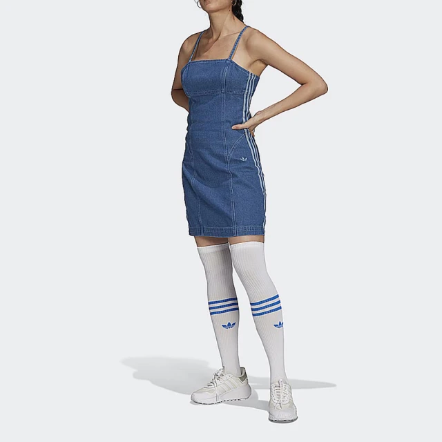【adidas 愛迪達】短裙 女 連身短裙 運動 丹寧 三葉草 國際尺寸 DRESS 藍 H11516