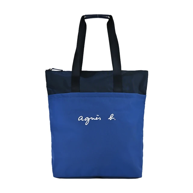 【agnes b.】白色LOGO尼龍長型手提包(藍)