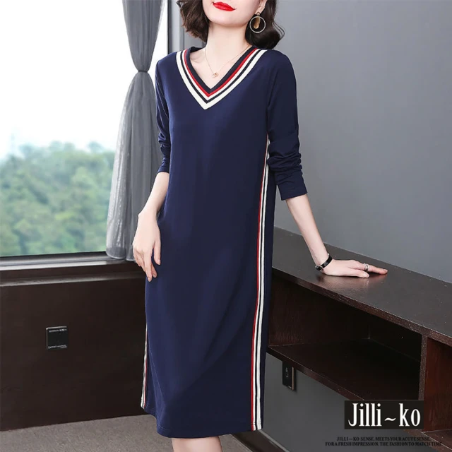 【JILLI-KO】V領配色邊條休閒連衣裙-F(深藍)