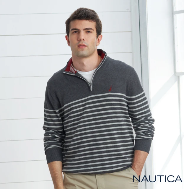 【NAUTICA】男裝休閒質感條紋立領針織衫(灰)