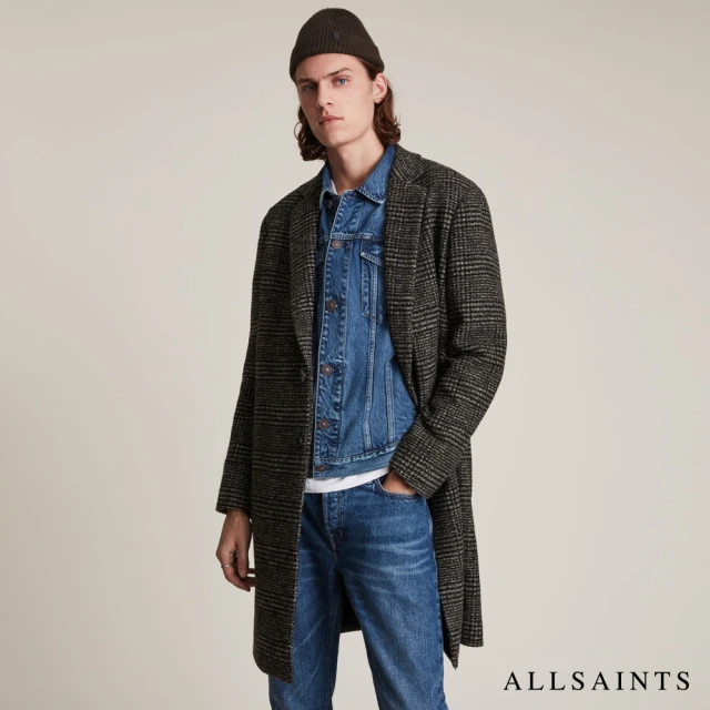 【ALLSAINTS】HARE 英倫格紋印花中長版羊毛大衣西裝外套-黑(常規版型)