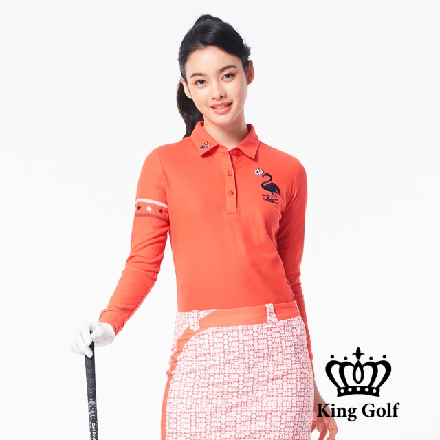 KING GOLF【KING GOLF】素面立體刺繡收腰顯瘦棉料薄款長袖POLO衫(桔紅)