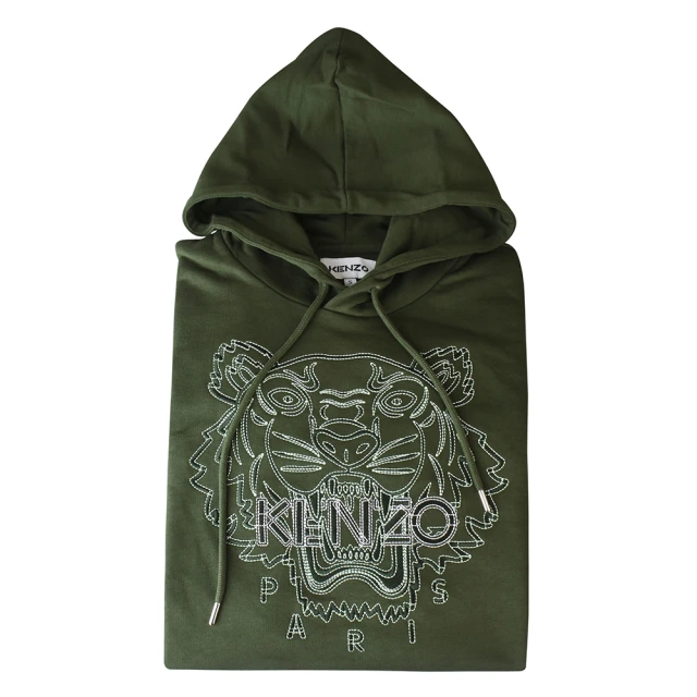 【KENZO】KENZO白字刺繡LOGO經典虎頭設計棉質長袖連帽T-Shirt(軍綠)