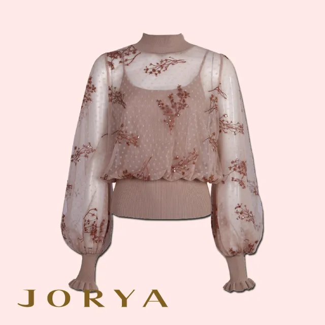 【JORYA】L1402802微高領透膚花卉點點內搭背心針織長袖上衣