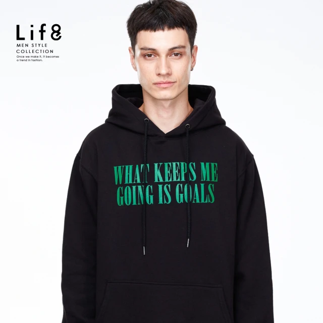 Life8【Life8】ALL WEARS 明確目標 印花刷毛連帽長袖上衣-黑色(41030)