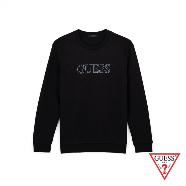 【GUESS】男裝-純色浮雕線條LOGO長T-黑(ML3K8442KBLK)