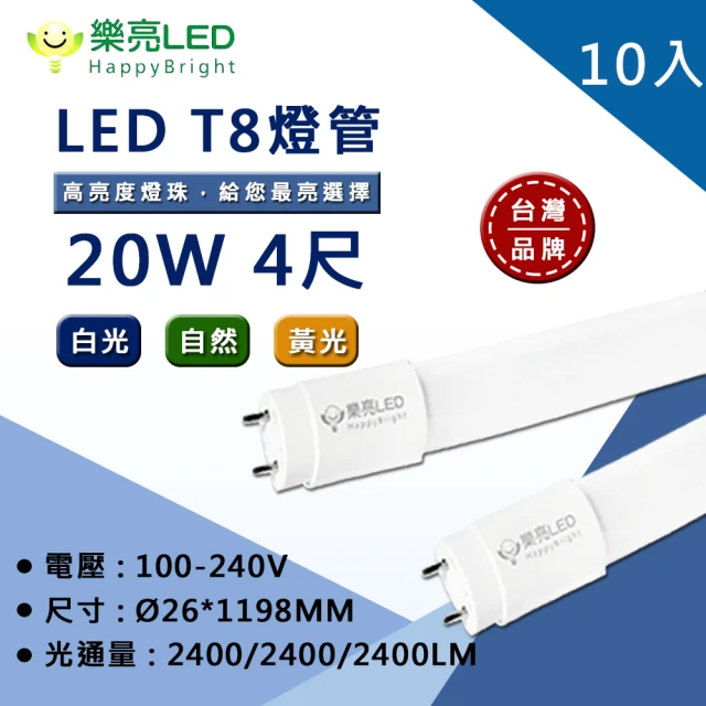 【HappyBright 樂亮】LED T8 4尺20W 玻璃燈管 全電壓 白光 黃光 自然光 10入