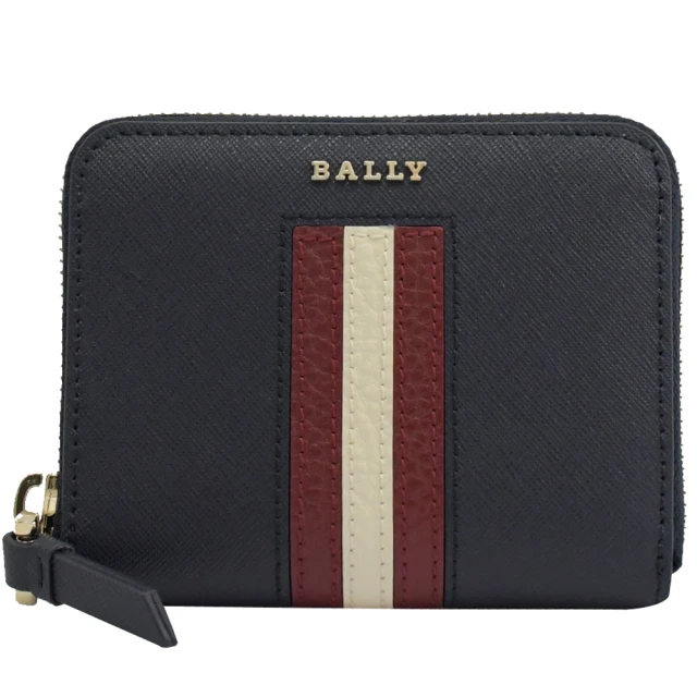 【BALLY】品牌紅白紅條紋防刮皮革信用卡零錢包短夾(深藍)