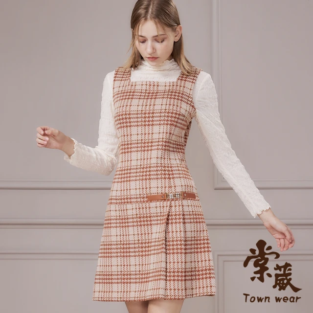 TOWN’WEAR 棠葳【TOWN’WEAR 棠葳】典雅千鳥格紋方領無袖洋裝(鑽飾/皮帶/百褶/宴會/婚宴)