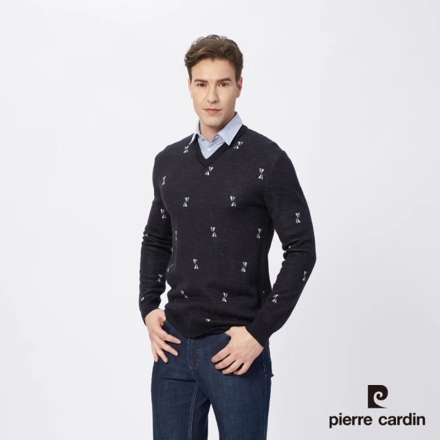 【pierre cardin 皮爾卡登】雙12 商務休閒 男款 羊毛混紡緹花襯衫領假兩件穿毛衣-丈青色(5215473-38)