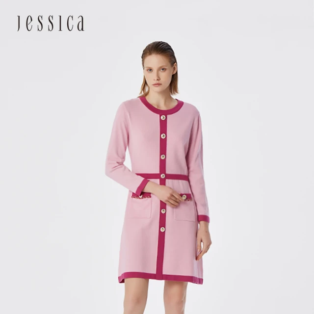 JESSICA【JESSICA】優雅編織鑲邊長袖羊毛針織洋裝21437E（粉）
