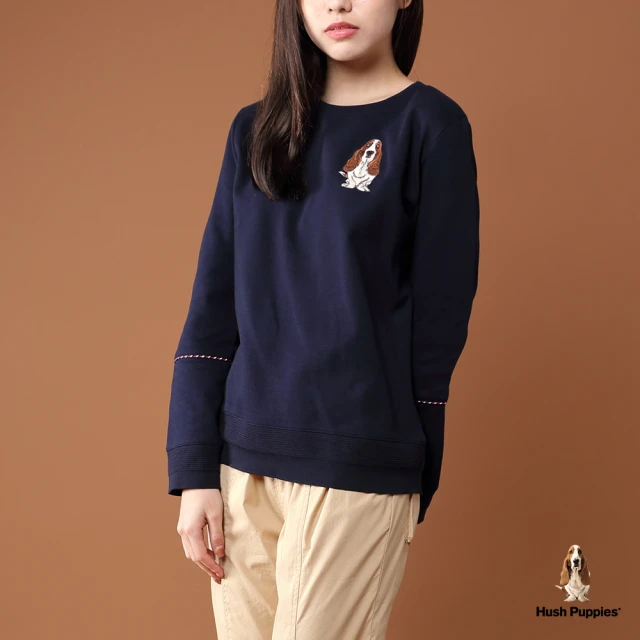 【Hush Puppies】女裝素色捲邊配色織帶落肩上衣(丈青 / 14210103)