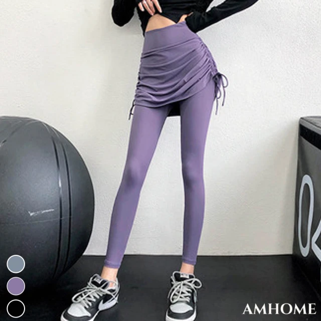 【Amhome】烏美希高腰提臀綁帶假兩件健身裙彈力瑜伽褲#111410現貨+預購(3色)