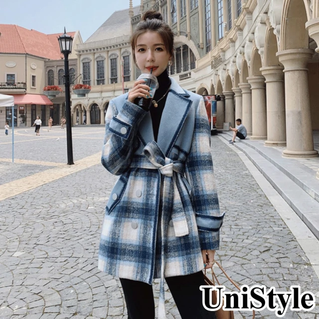 UniStyle【UniStyle】雙12韓系簡約大方撞色包邊翻領經典格紋顯白短版長袖撞色毛呢外套 女 ZM180-1909(尊貴藍)