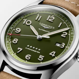 【LONGINES 浪琴 正式授權】Spirit 先行者系列飛行員機械錶-綠面咖啡皮帶/42mm(L3.811.4.03.2)