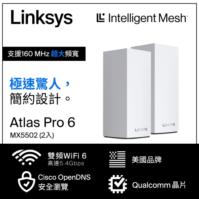 【Linksys】Linksys Velop 雙頻 MX5502 Mesh Wifi 二入 網狀路由器(AX5400)