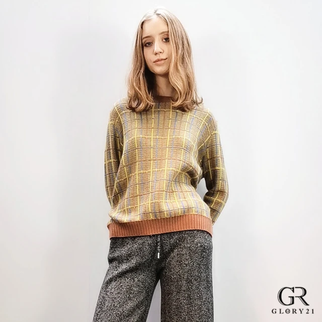 【GLORY21】羊毛針織格紋上衣(淺咖啡色)