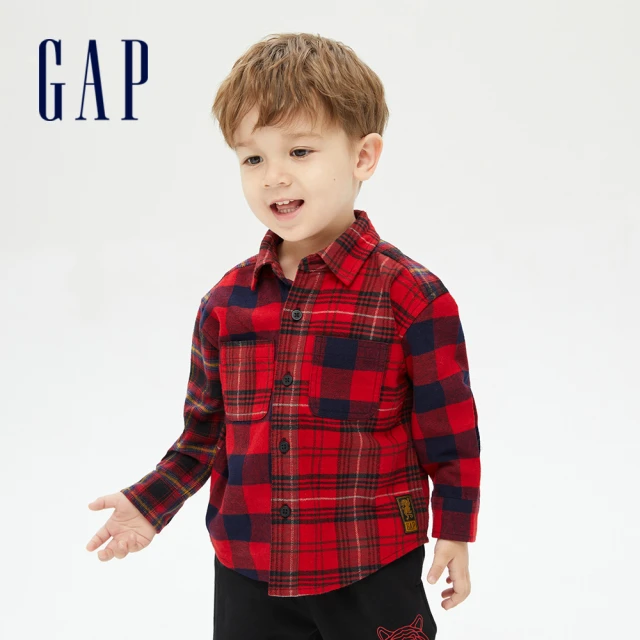 【GAP】男幼童 法蘭絨格紋長袖襯衫(762978-紅色格子)