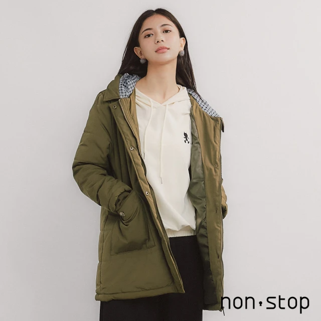【non-stop】休閒格紋配色連帽鋪棉大衣-1色