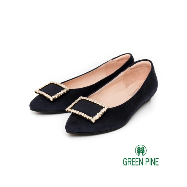 【GREEN PINE】金屬水鑽方釦平底娃娃鞋(藍色)