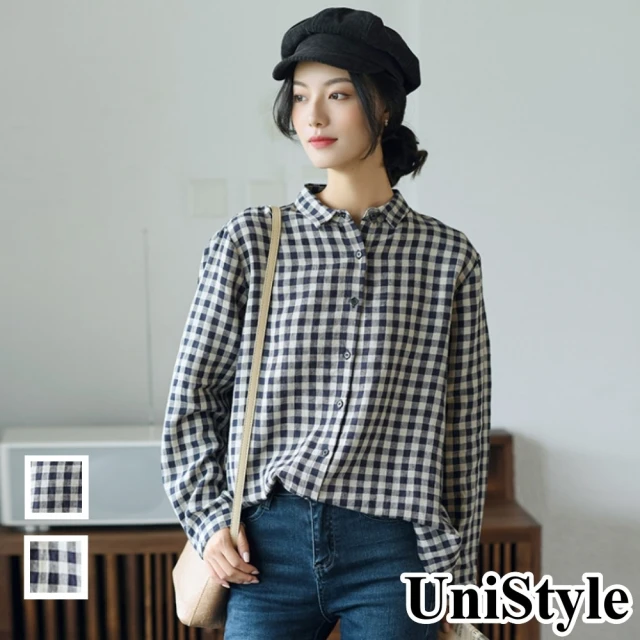 UniStyle【UniStyle】2022新款原創款經典格紋前短後長顯高長袖亞麻百搭襯衫上衣 女 FA5622(藍色大格 藍色小格)