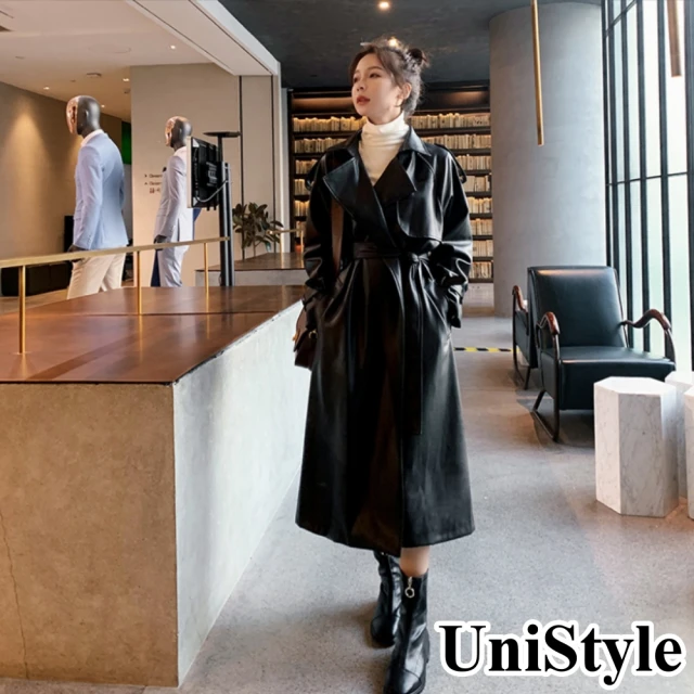 UniStyle【UniStyle】2022新款韓系英倫風率性個性中長款長袖PU皮衣風衣大衣 女 ZM259-802(黑)