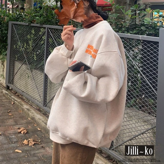 【JILLI-KO】英文圖案落肩寬鬆衛衣-F(紅/淺灰)