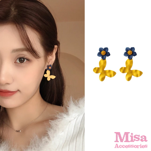 MISA【MISA】韓國設計S925銀針甜美鮮豔蝴蝶花朵造型耳環(S925銀針耳環 蝴蝶耳環 花朵耳環)