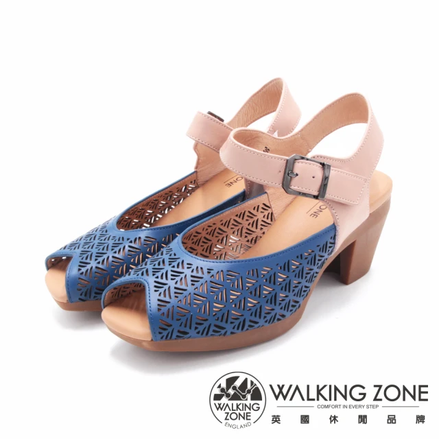 【WALKING ZONE】女 簍空雕花淑女魔鬼氈中跟涼鞋 女鞋(藍)