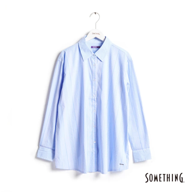 【SOMETHING】圓弧剪接長袖襯衫-女款(淡藍色)